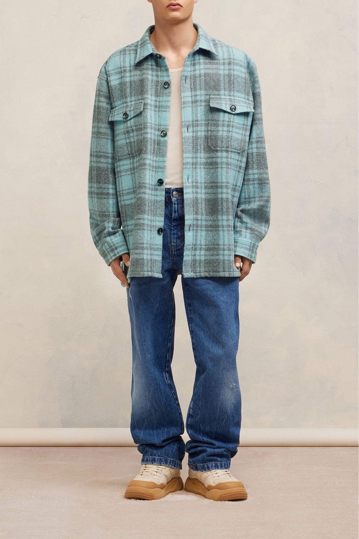 Surchemise oversize avec poches en laine - Aquamarine & Mineral Grey