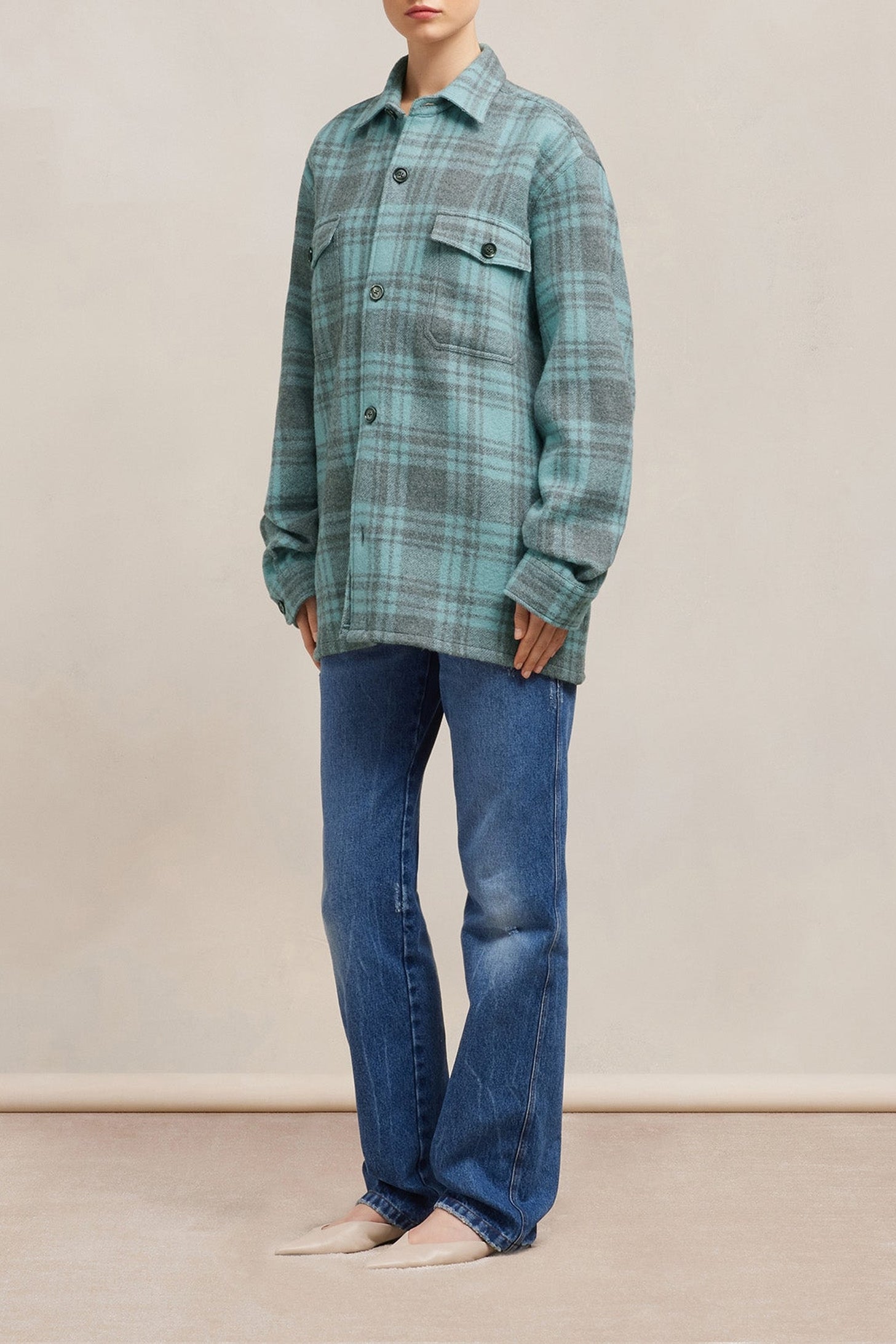 Surchemise oversize avec poches en laine - Aquamarine & Grey