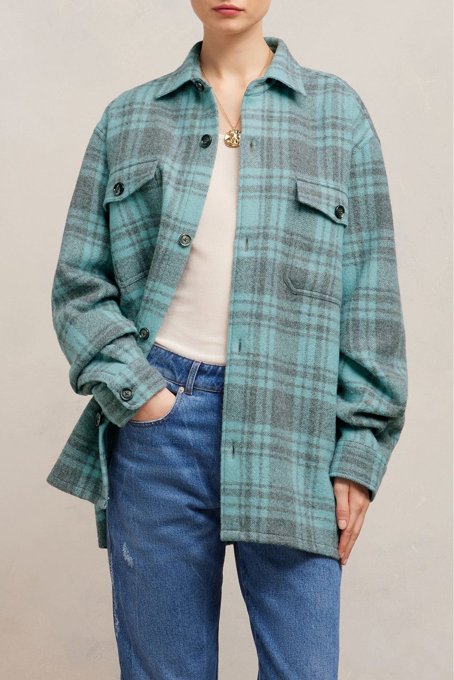 Surchemise oversize avec poches en laine - Aquamarine & Grey