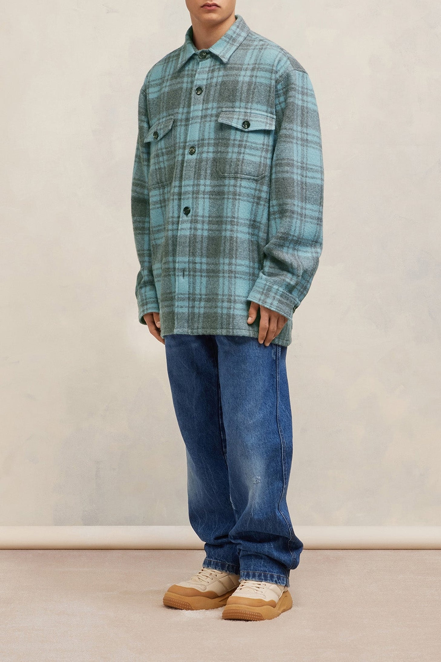 Surchemise oversize avec poches en laine - Aquamarine & Grey