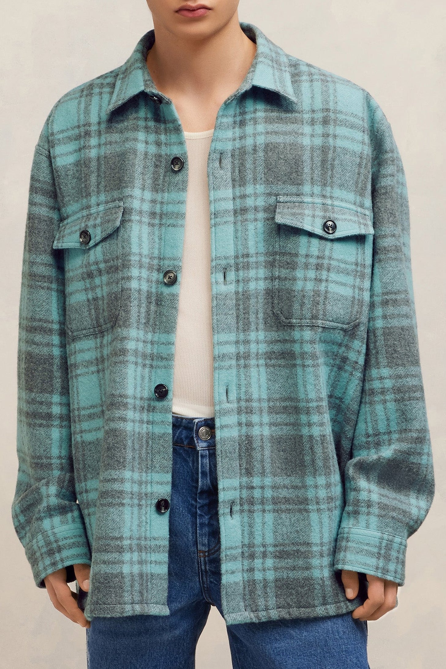 Surchemise oversize avec poches en laine - Aquamarine & Grey