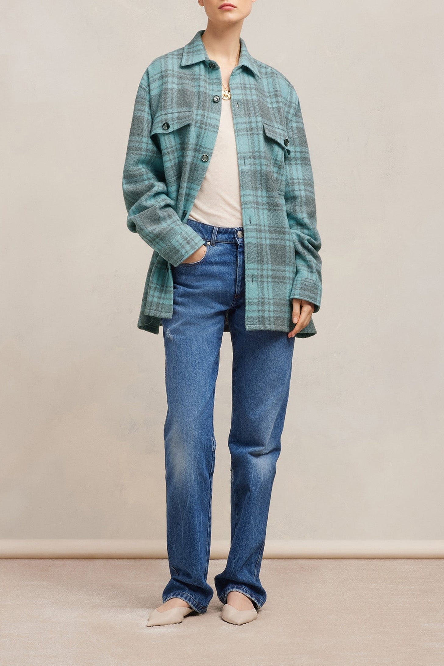 Surchemise oversize avec poches en laine - Aquamarine & Grey