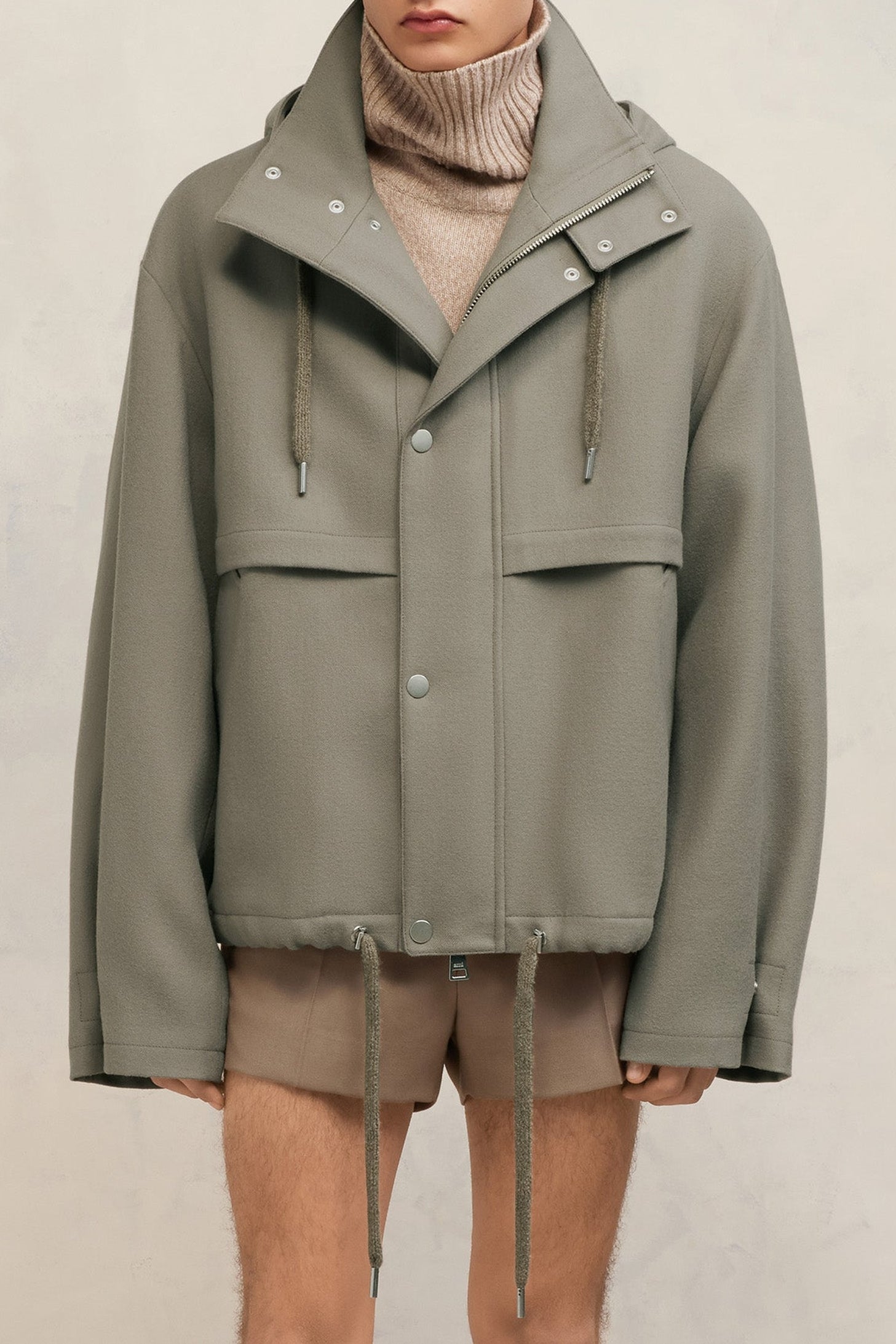 Parka courte avec cordons de serrage en laine - Taupe