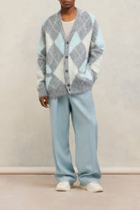 Cardigan brossé à motif argyle en laine - Heather Grey & Aqua & Ivory