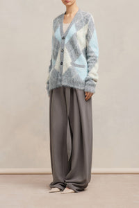 Cardigan brossé à motif argyle en laine - Heather Grey & Aqua & Ivory