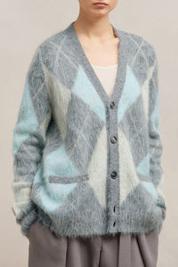 Cardigan brossé à motif argyle en laine - Heather Grey & Aqua & Ivory