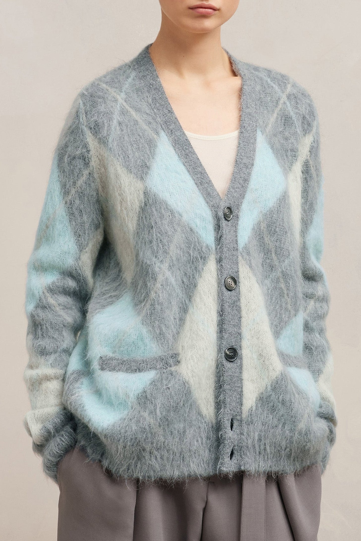 Cardigan brossé à motif argyle en laine - Heather Grey & Aqua & Ivory