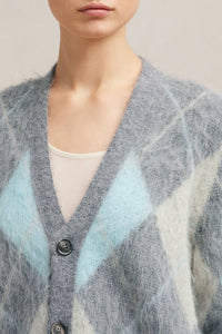 Cardigan brossé à motif argyle en laine - Heather Grey & Aqua & Ivory
