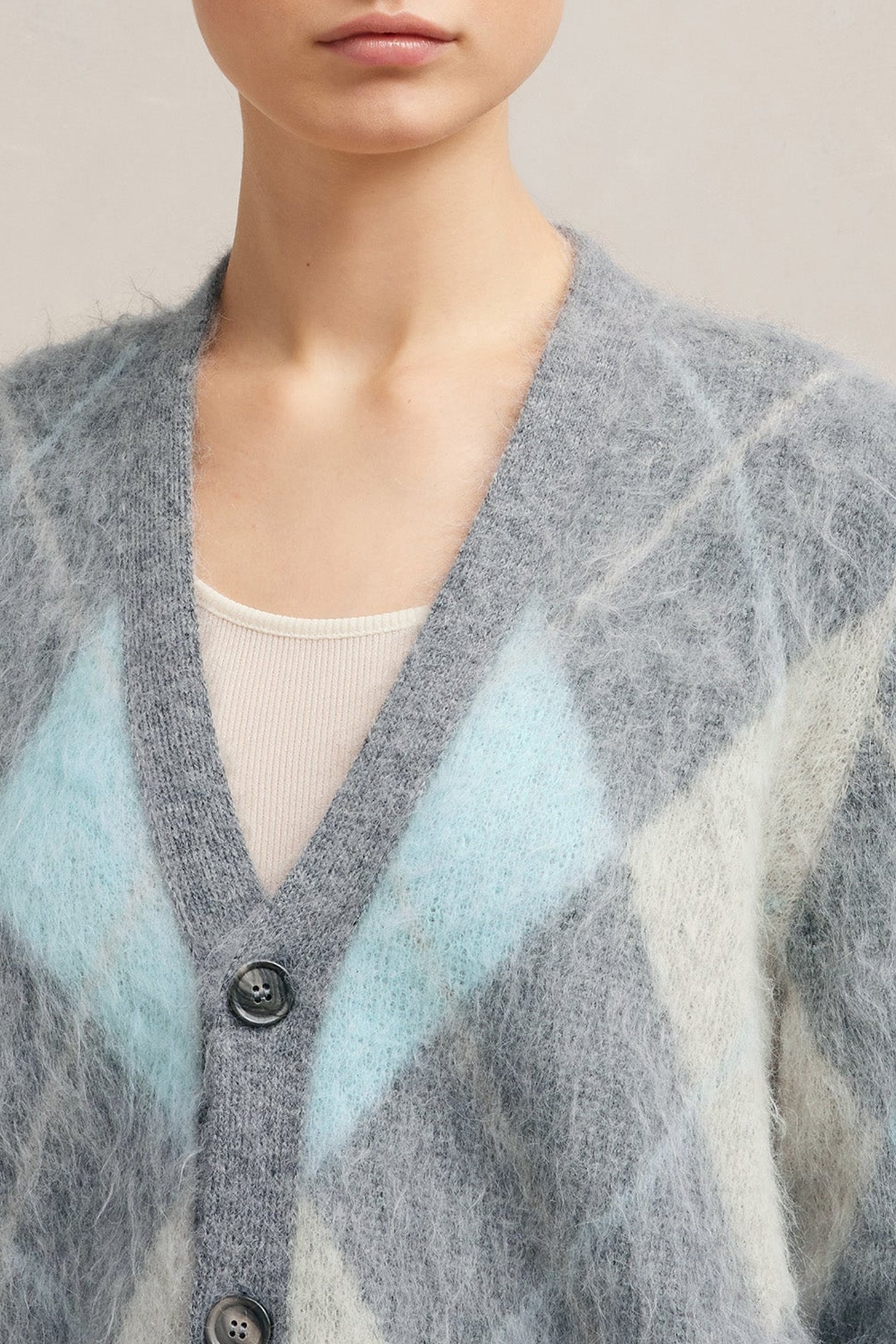 Cardigan brossé à motif argyle en laine - Heather Grey & Aqua & Ivory