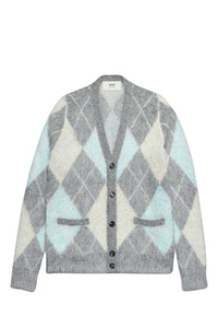 Cardigan brossé à motif argyle en laine - Heather Grey & Aqua & Ivory
