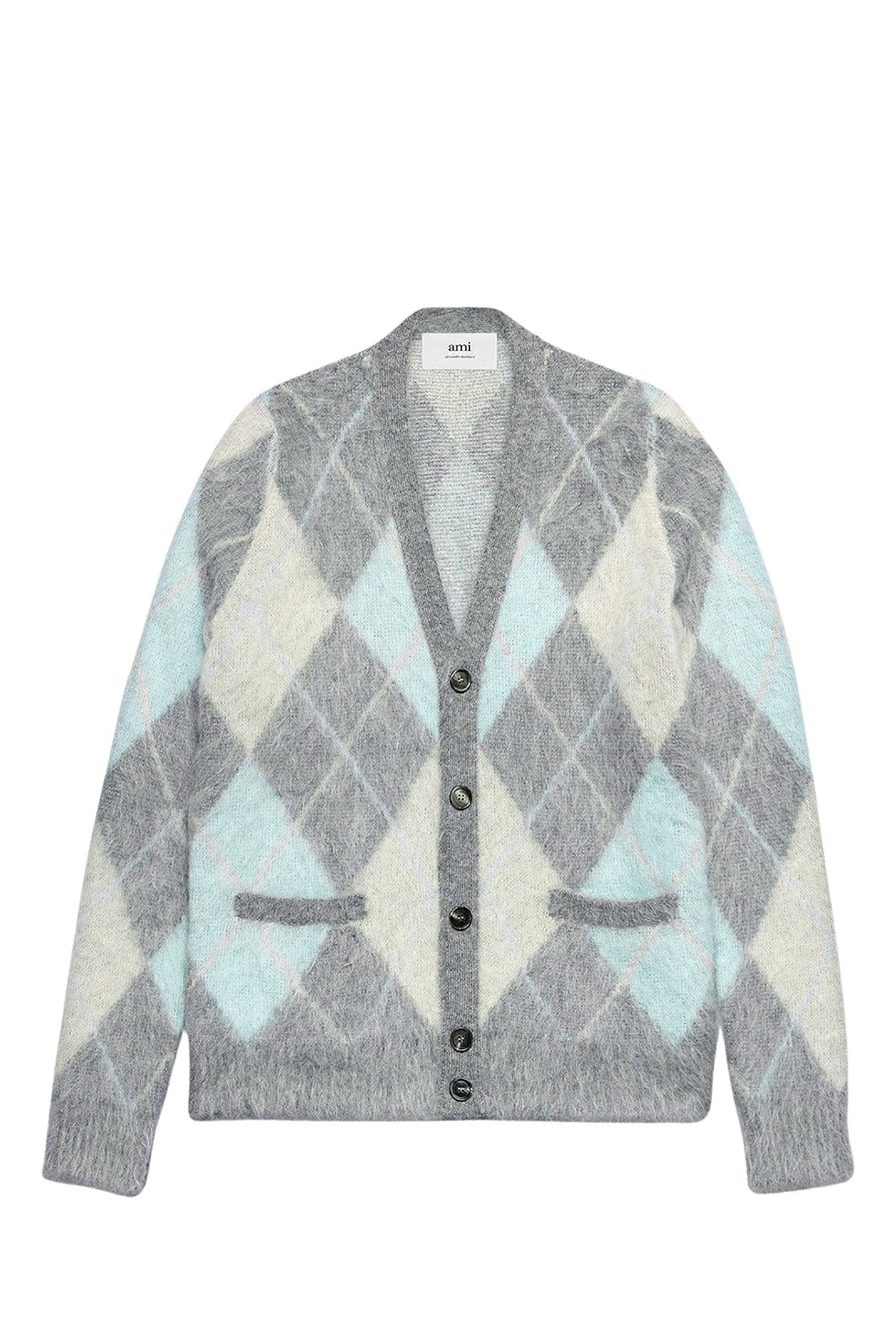 Cardigan brossé à motif argyle en laine - Heather Grey & Aqua & Ivory