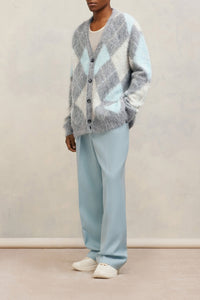 Cardigan brossé à motif argyle en laine - Heather Grey & Aqua & Ivory