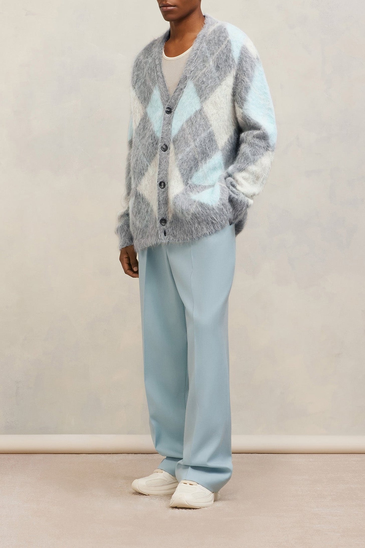 Cardigan brossé à motif argyle en laine - Heather Grey & Aqua & Ivory