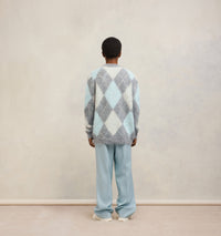 Cardigan brossé à motif argyle en laine - Heather Grey & Aqua & Ivory