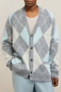 Cardigan brossé à motif argyle en laine - Heather Grey & Aqua & Ivory