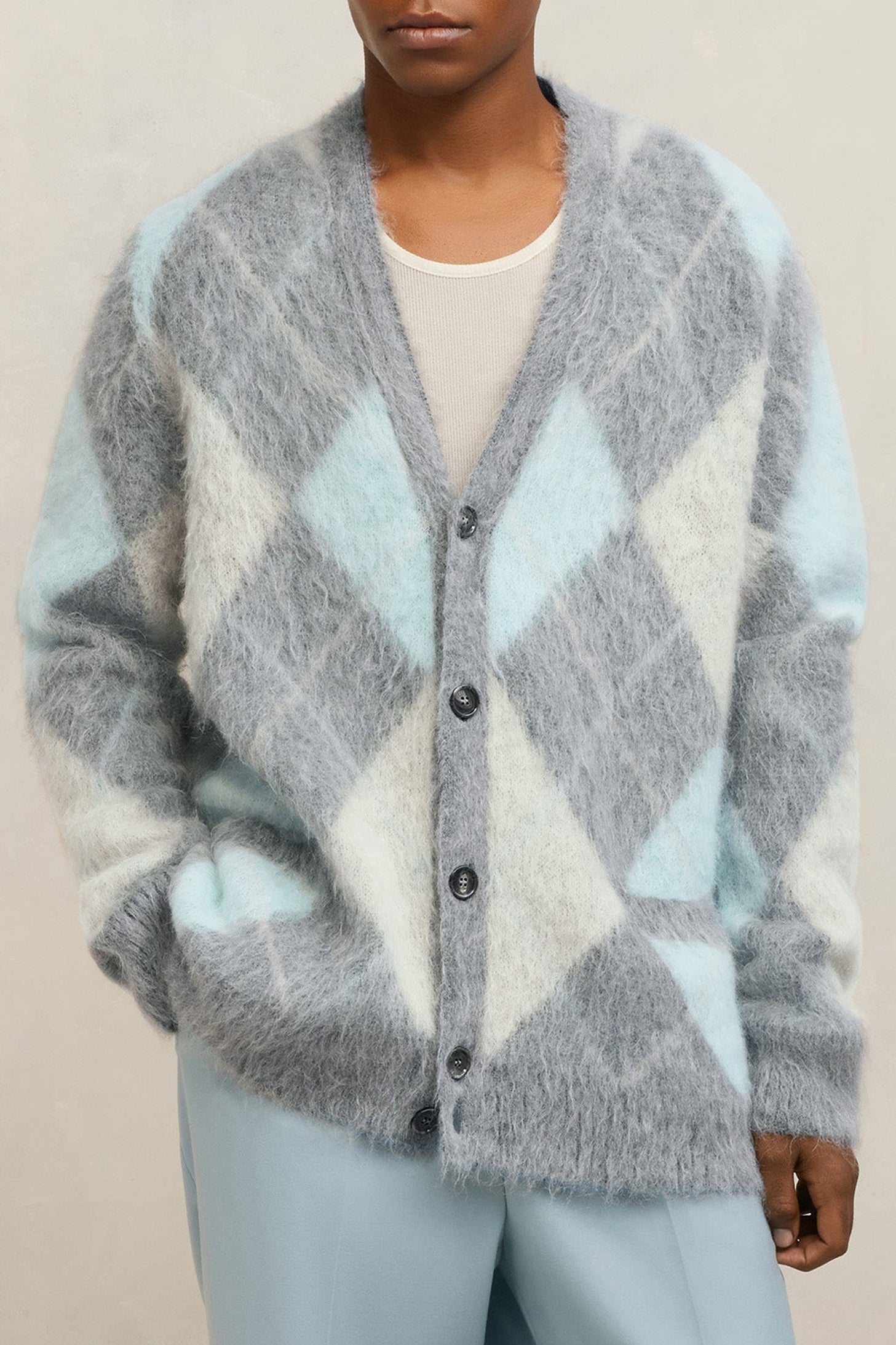 Cardigan brossé à motif argyle en laine - Heather Grey & Aqua & Ivory