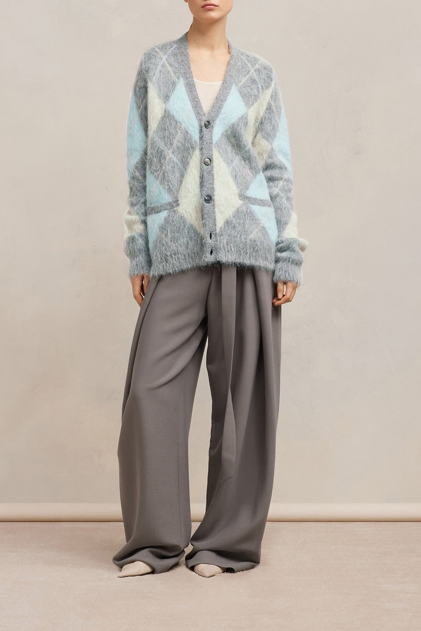 Cardigan brossé à motif argyle en laine - Heather Grey & Aqua & Ivory