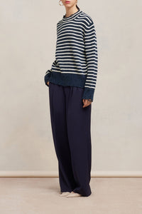Pull rayé avec détails découpés en laine - Night Blue & Ivory