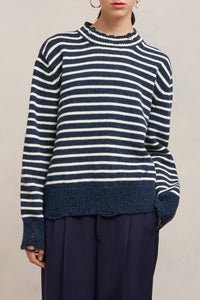 Pull rayé avec détails découpés en laine - Night Blue & Ivory