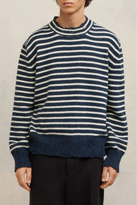 Pull rayé avec détails découpés en laine - Night Blue & Ivory