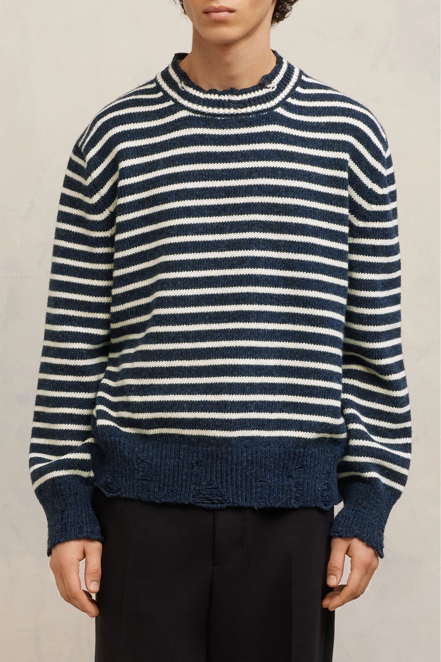 Pull rayé avec détails découpés en laine - Night Blue & Ivory