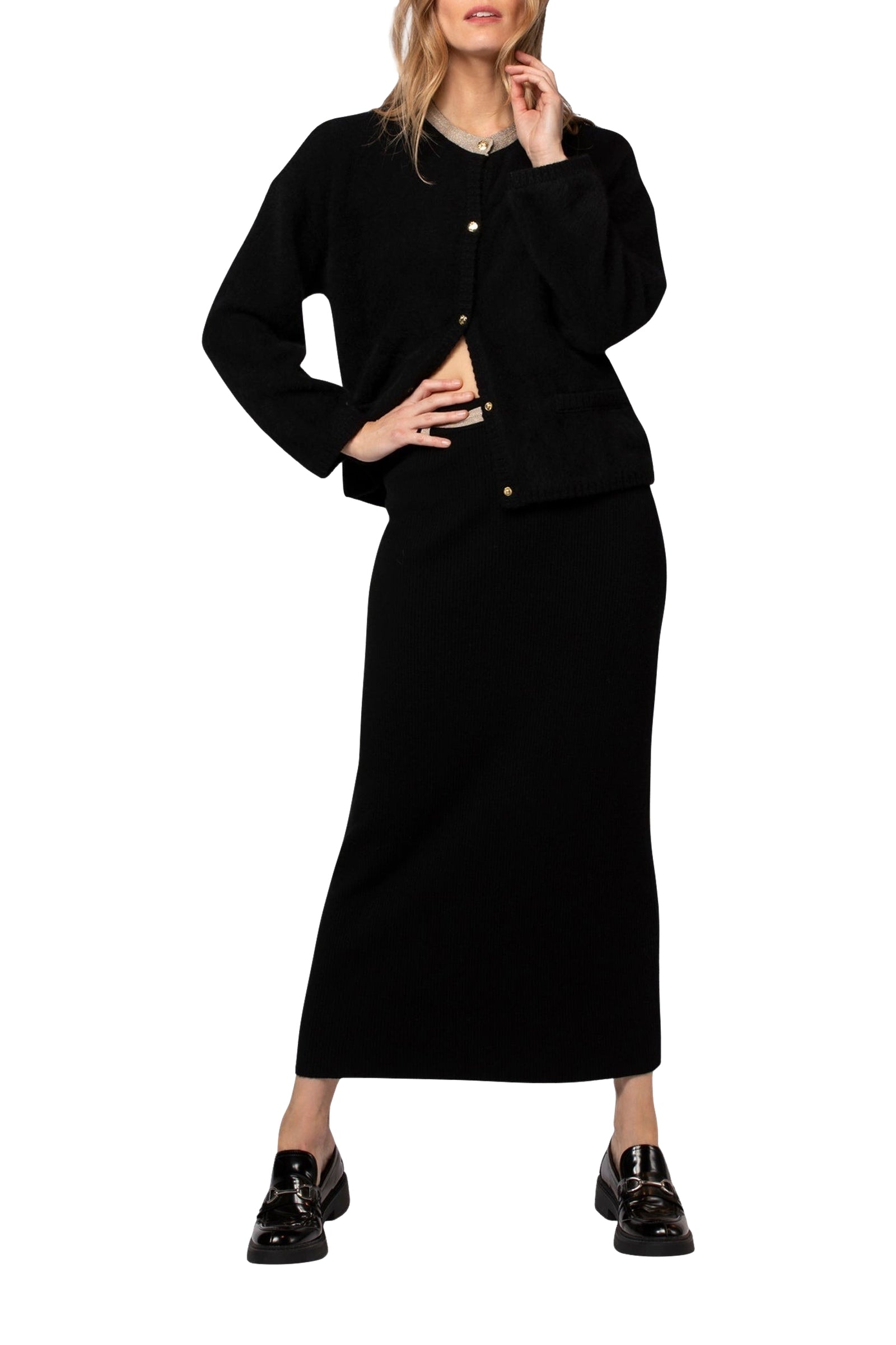 Julie midi skirt in wool and cashmere with rib knit - Black