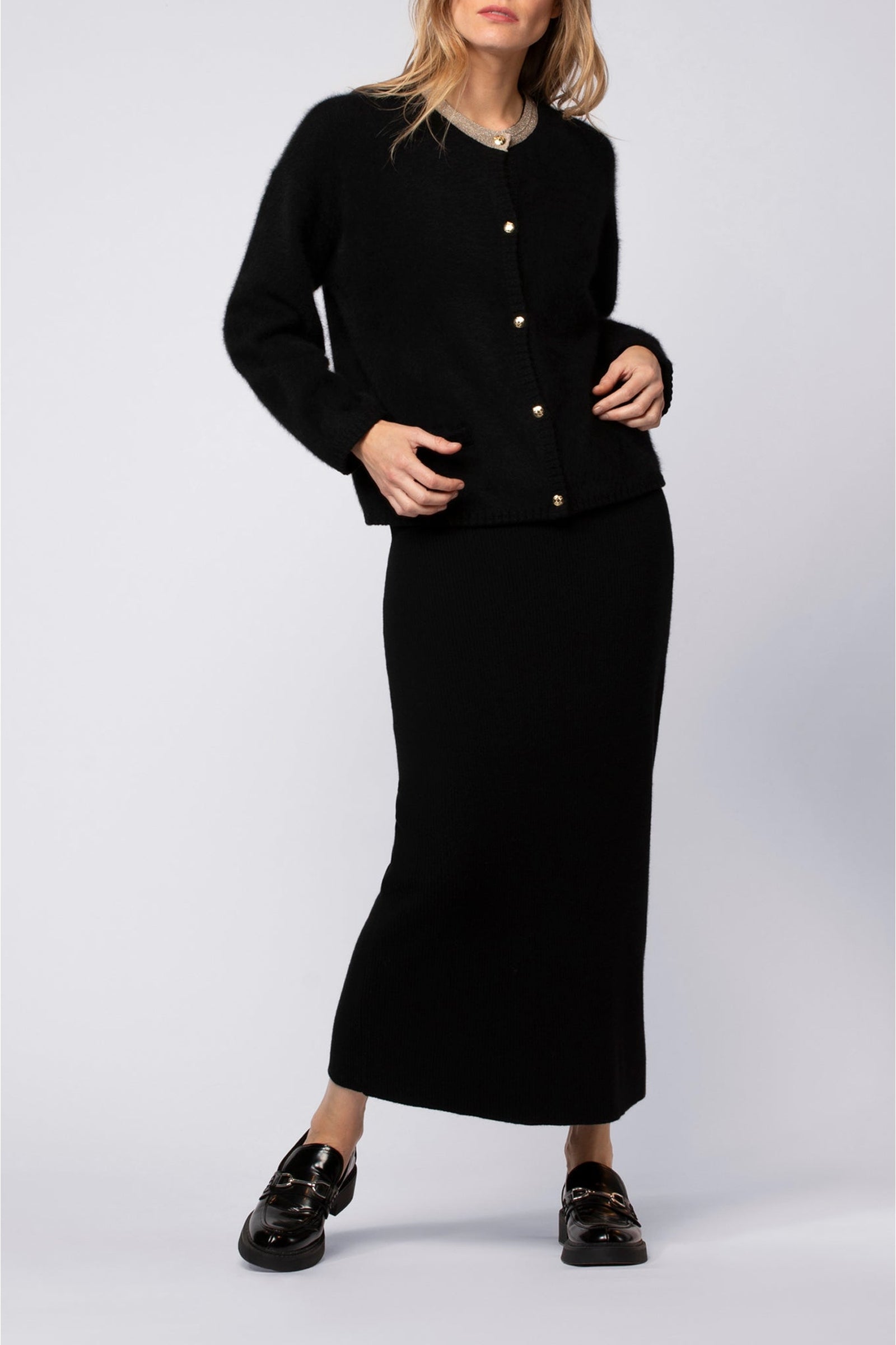 Julie midi skirt in wool and cashmere with rib knit - Black