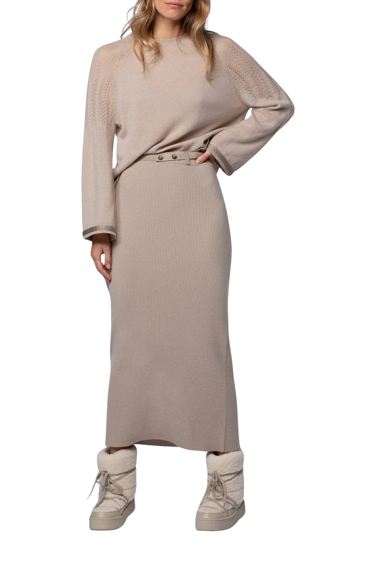 Julie midi skirt in wool and cashmere with rib knit - Taupe