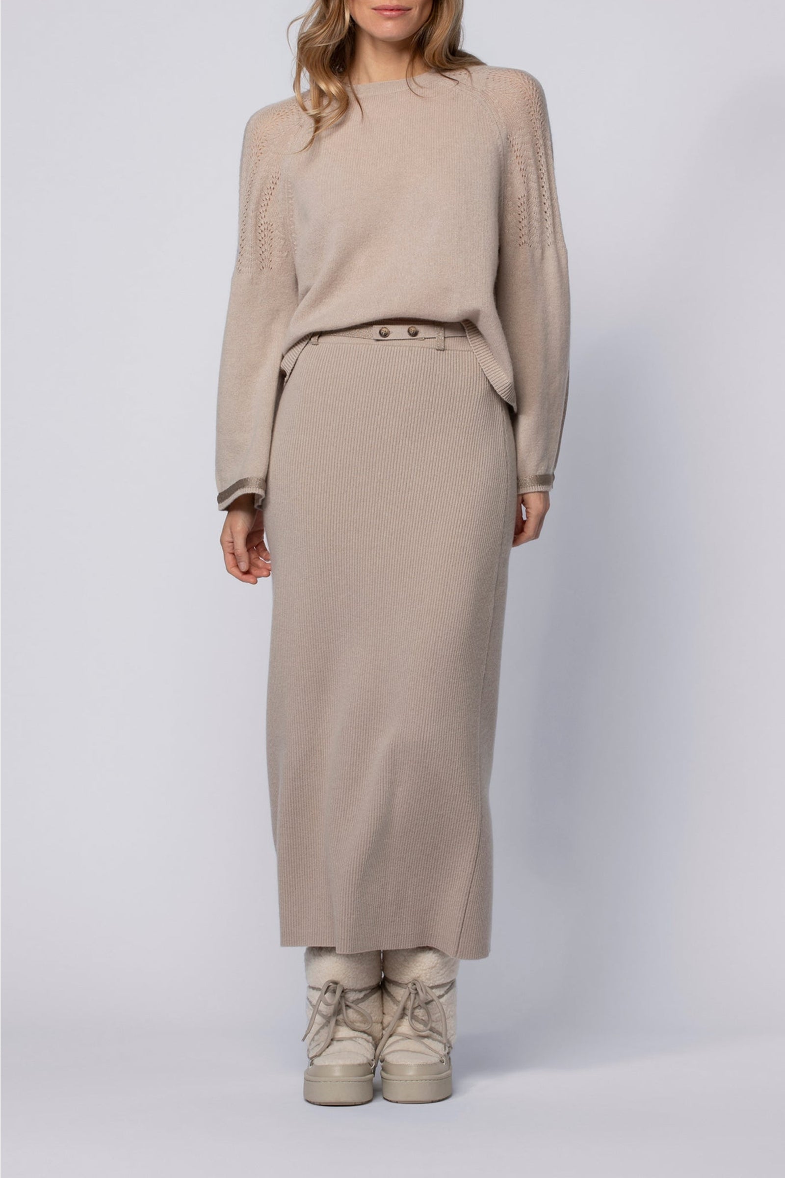 Julie midi skirt in wool and cashmere with rib knit - Taupe