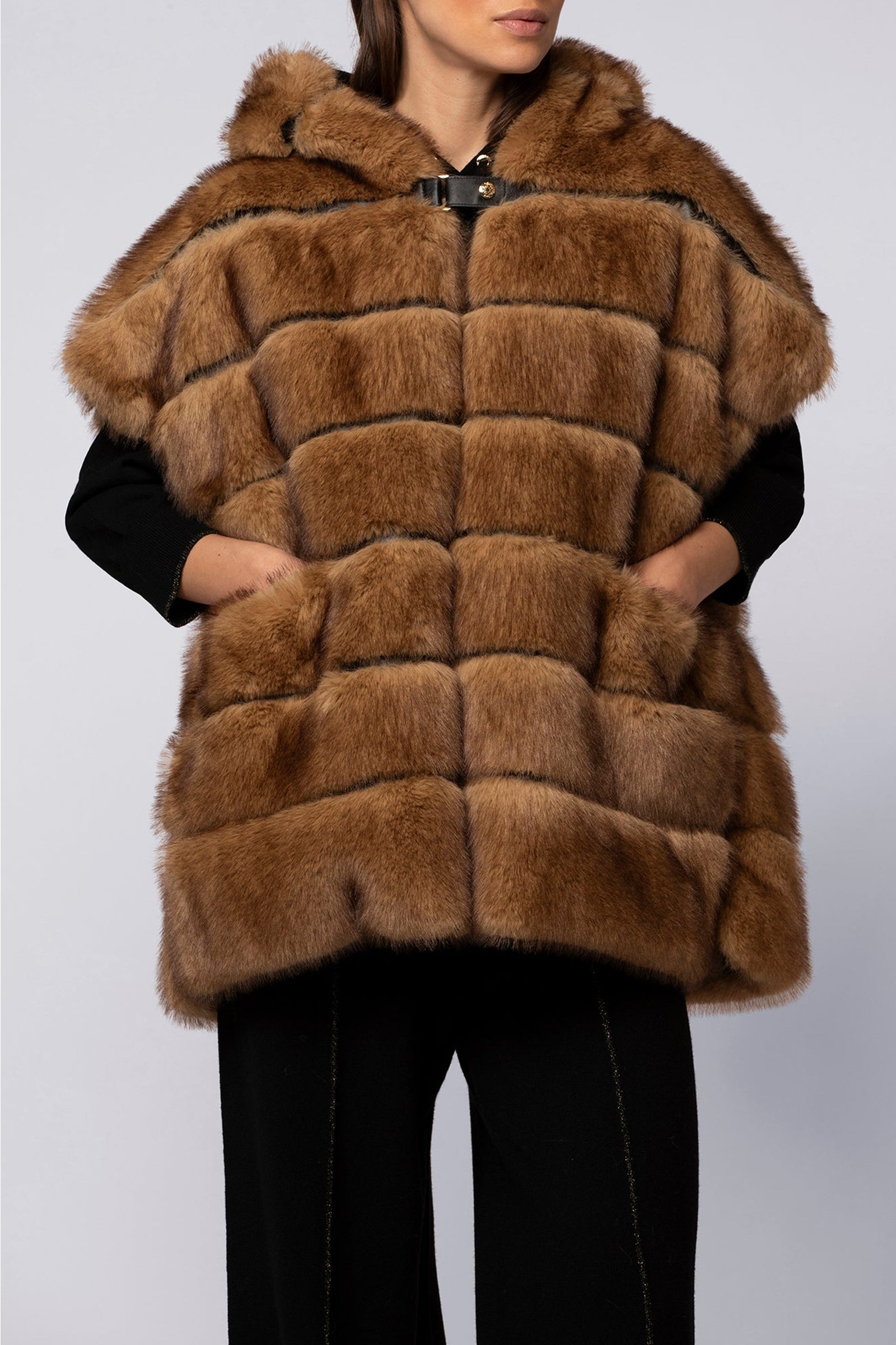 Poncho Pluma à capuche réversible en fausse fourrure - Camel