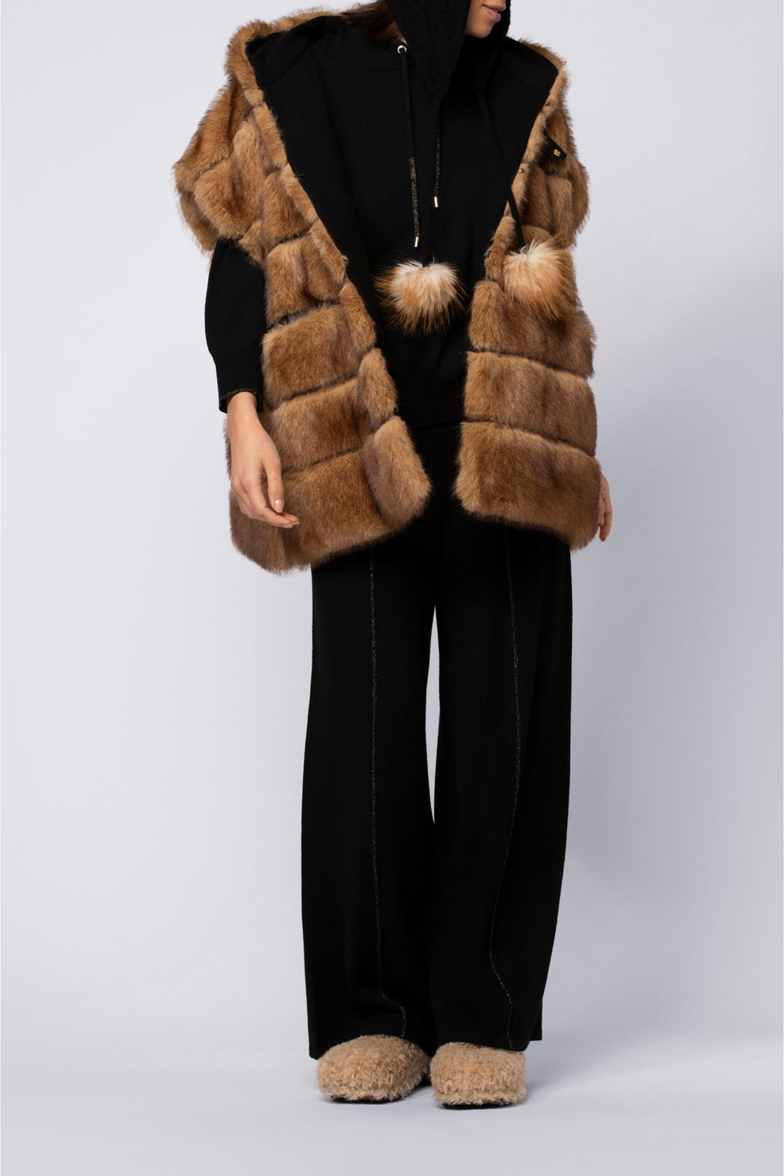 Poncho Pluma à capuche réversible en fausse fourrure - Camel