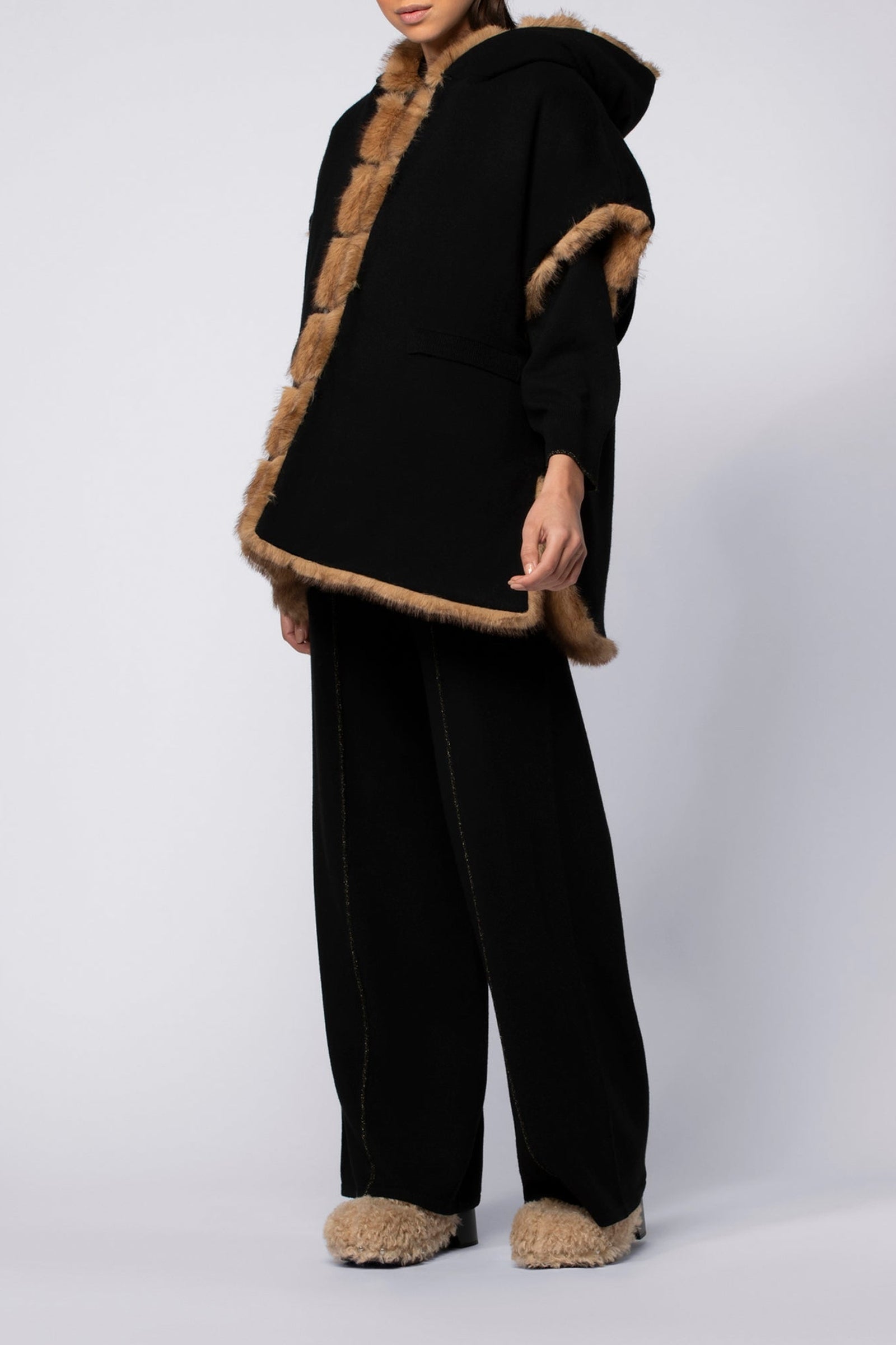 Poncho Pluma à capuche réversible en fausse fourrure - Camel