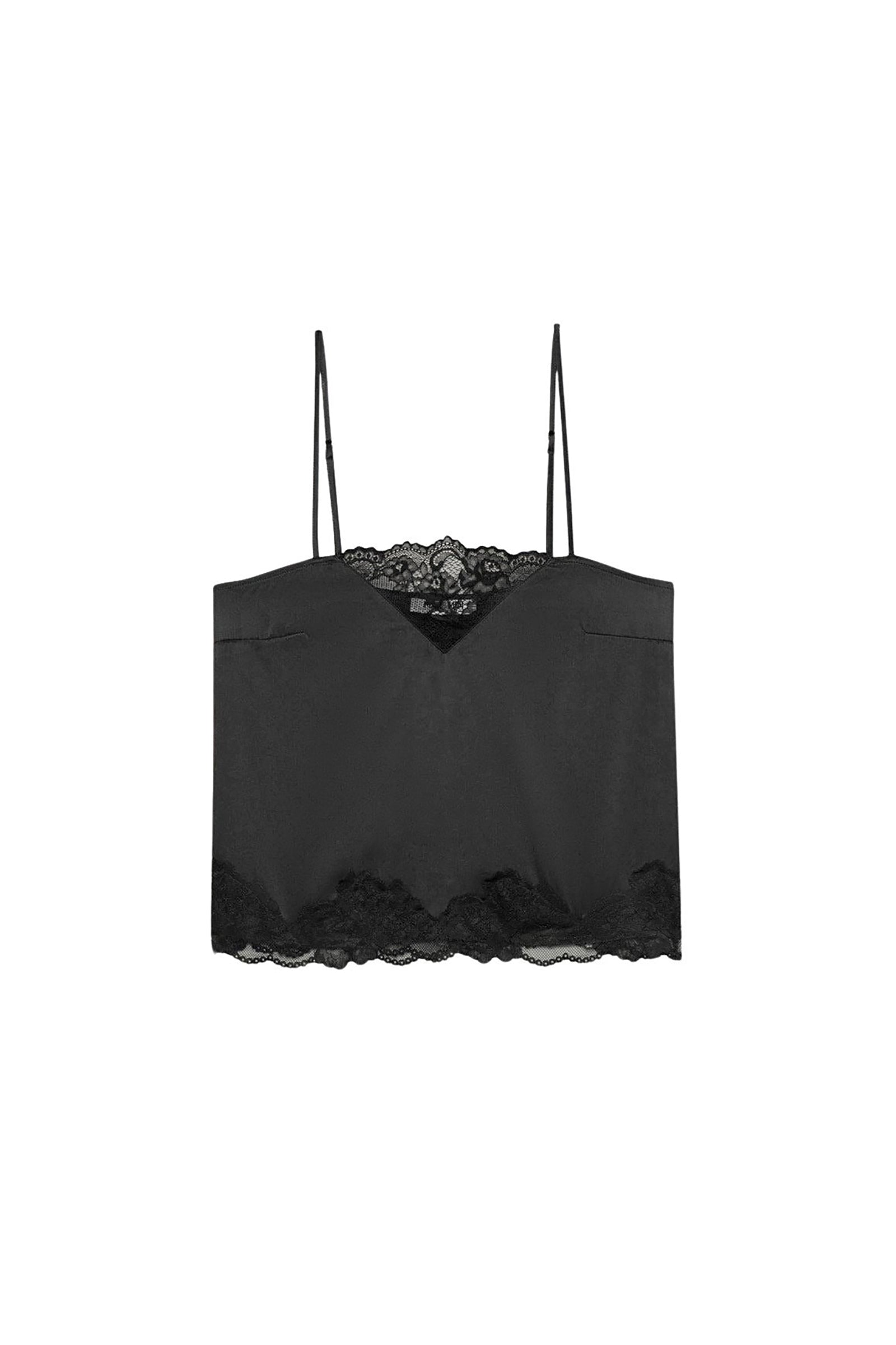 Caraco Tedya à fines bretelles en soie et dentelle - Black