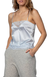 Caraco Tedya à fines bretelles en soie et dentelle - Ciel