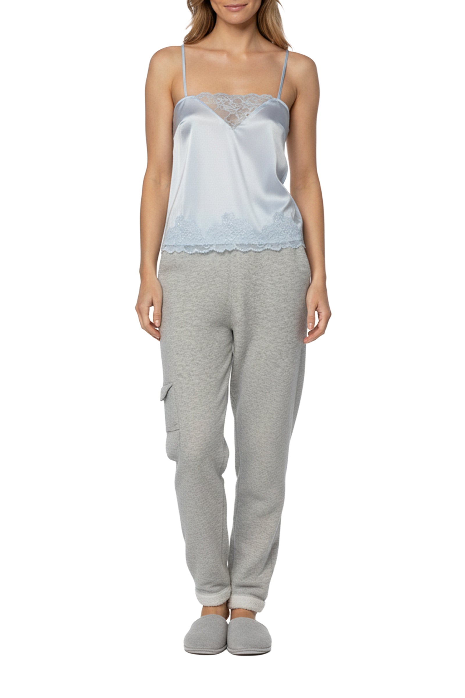 Caraco Tedya à fines bretelles en soie et dentelle - Ciel