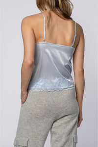 Caraco Tedya à fines bretelles en soie et dentelle - Ciel