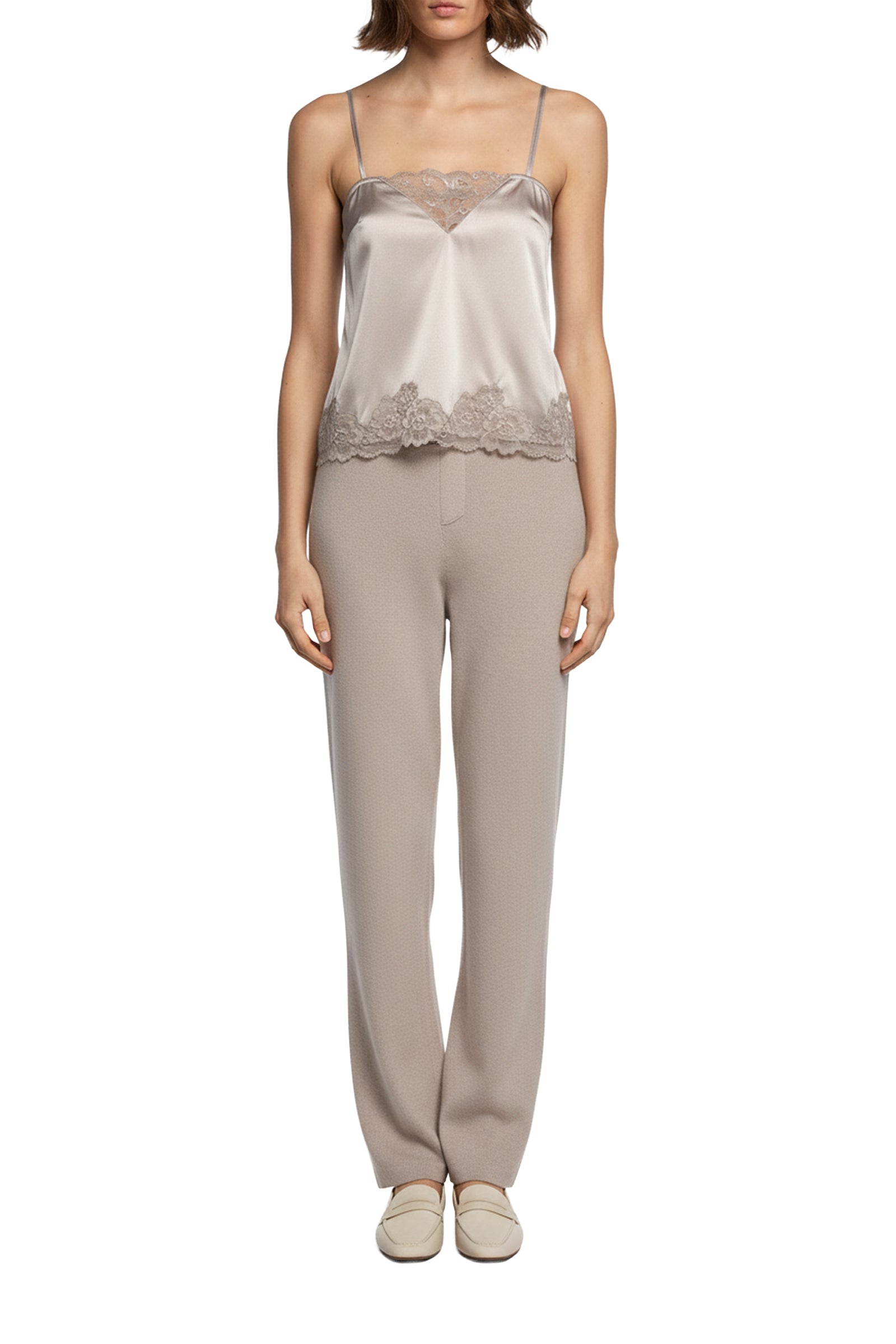 Caraco Tedya à fines bretelles en soie et dentelle - Taupe