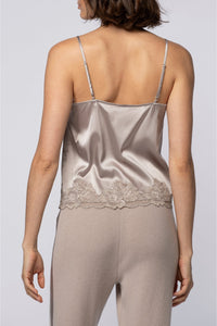 Caraco Tedya à fines bretelles en soie et dentelle - Taupe