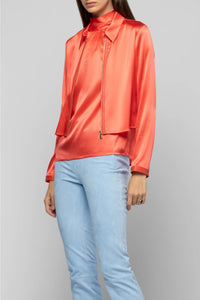 Veste Ganouk zippé en soie à col chemise avec bandes - Corail