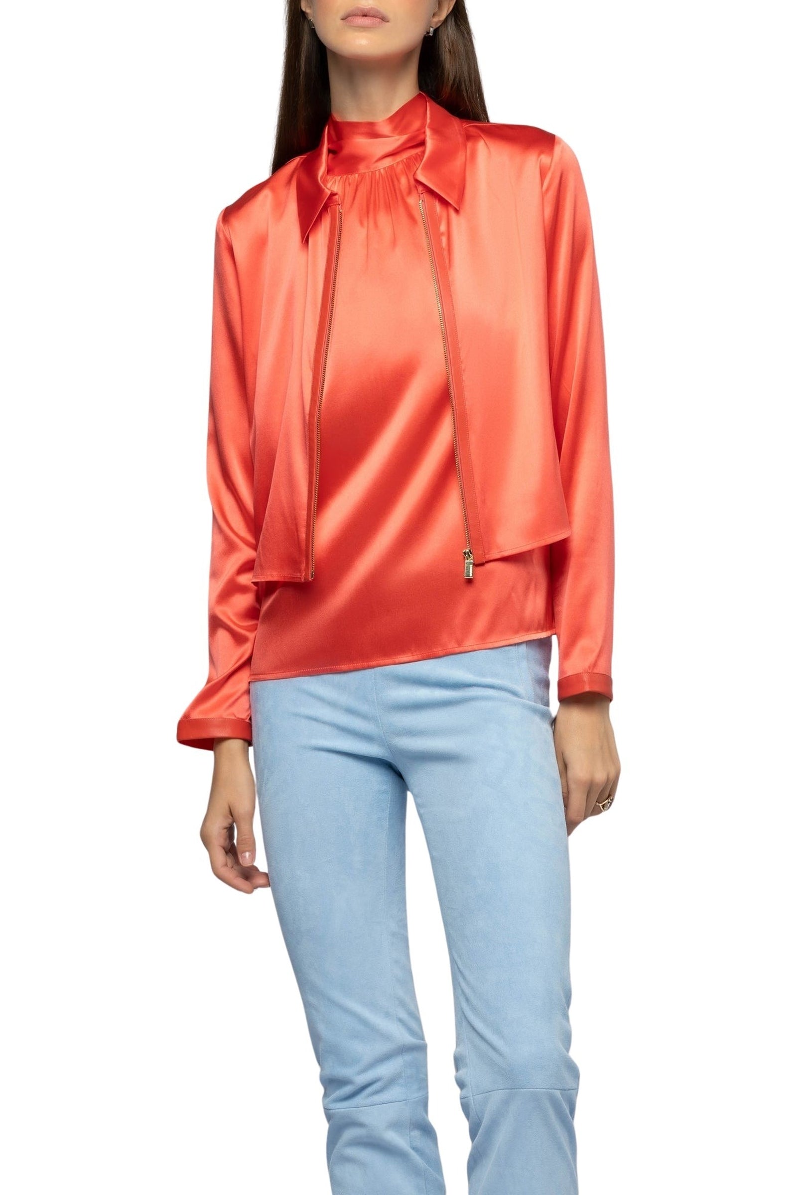 Veste Ganouk zippé en soie à col chemise avec bandes - Corail