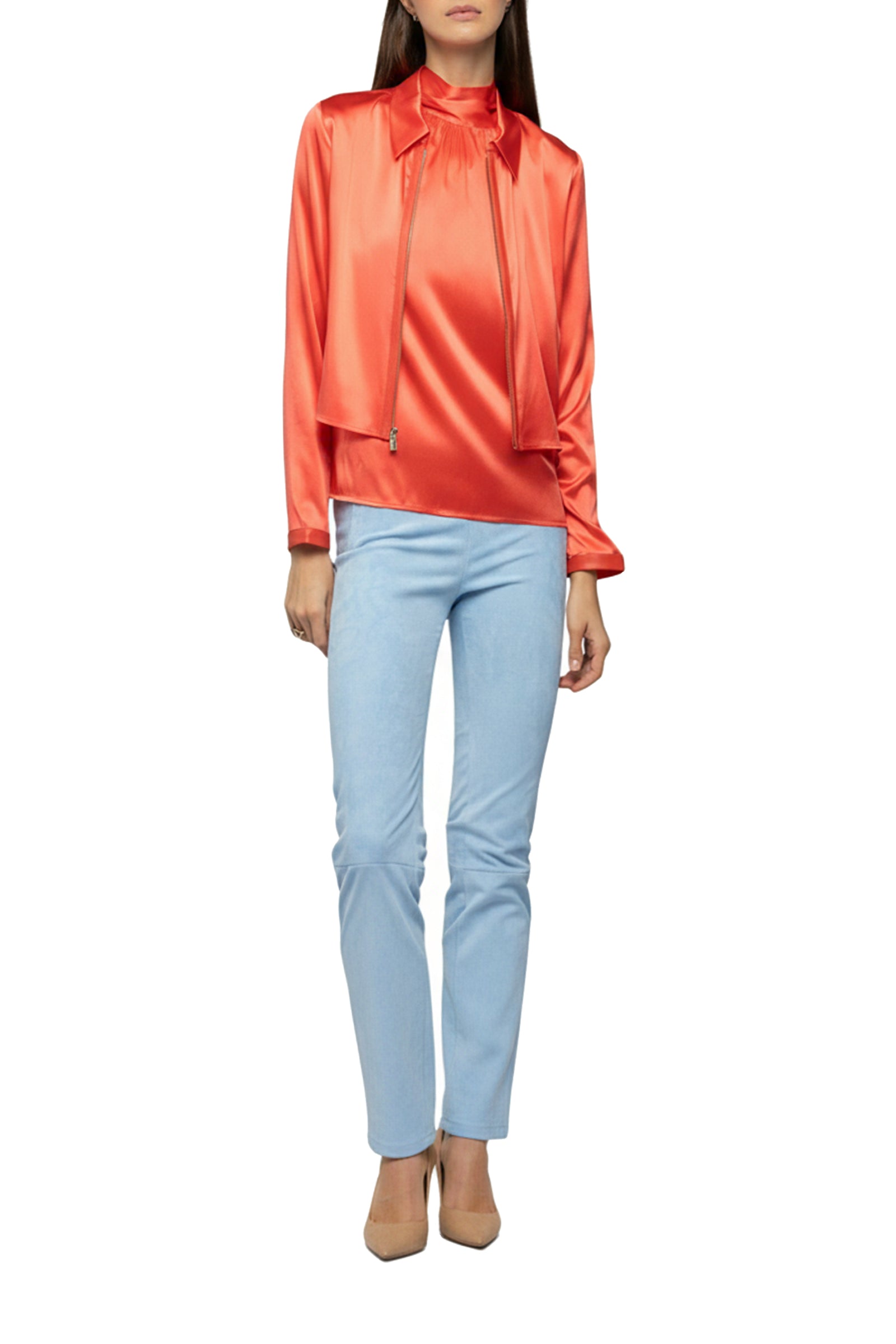 Veste Ganouk zippé en soie à col chemise avec bandes - Corail