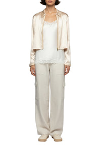 Ganouk zipped silk cardigan with shirt collar and stripes - Beige