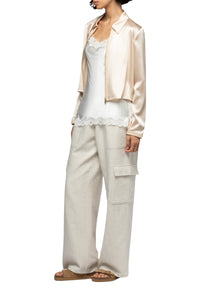 Ganouk zipped silk cardigan with shirt collar and stripes - Beige