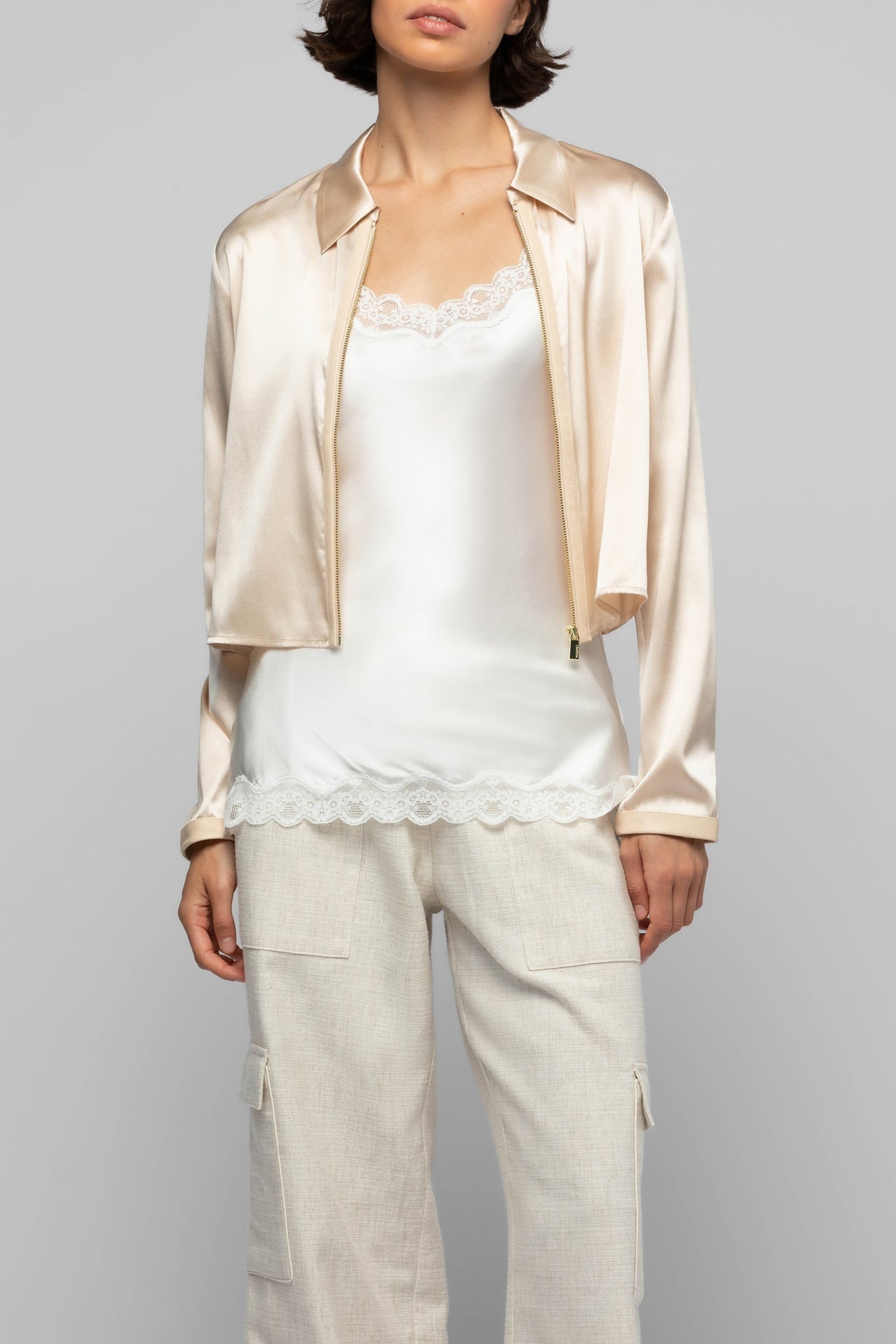 Ganouk zipped silk cardigan with shirt collar and stripes - Beige