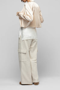 Ganouk zipped silk cardigan with shirt collar and stripes - Beige