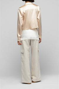 Ganouk zipped silk cardigan with shirt collar and stripes - Beige