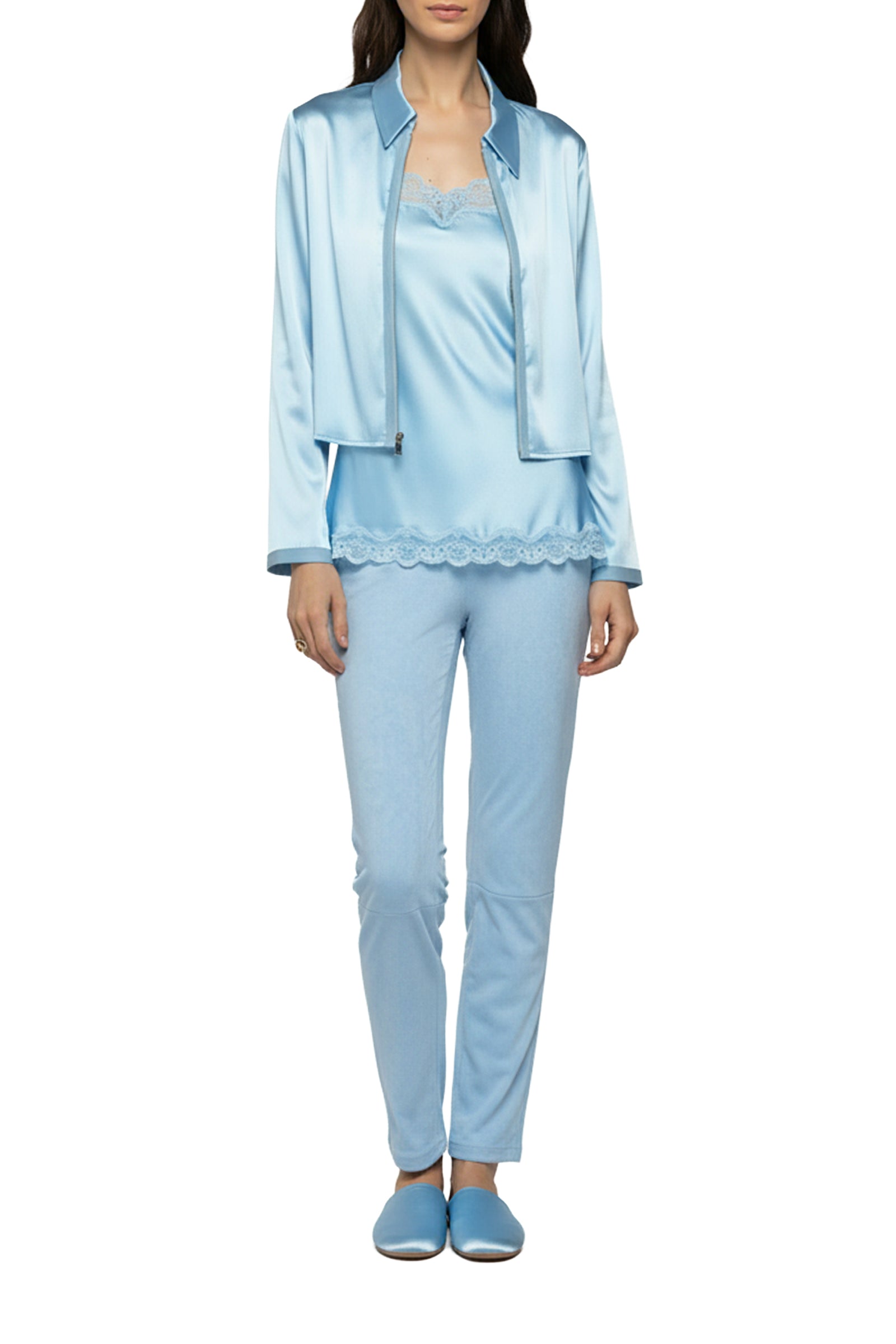 Ganouk zipped silk shirt collar jacket with stripes - Ciel