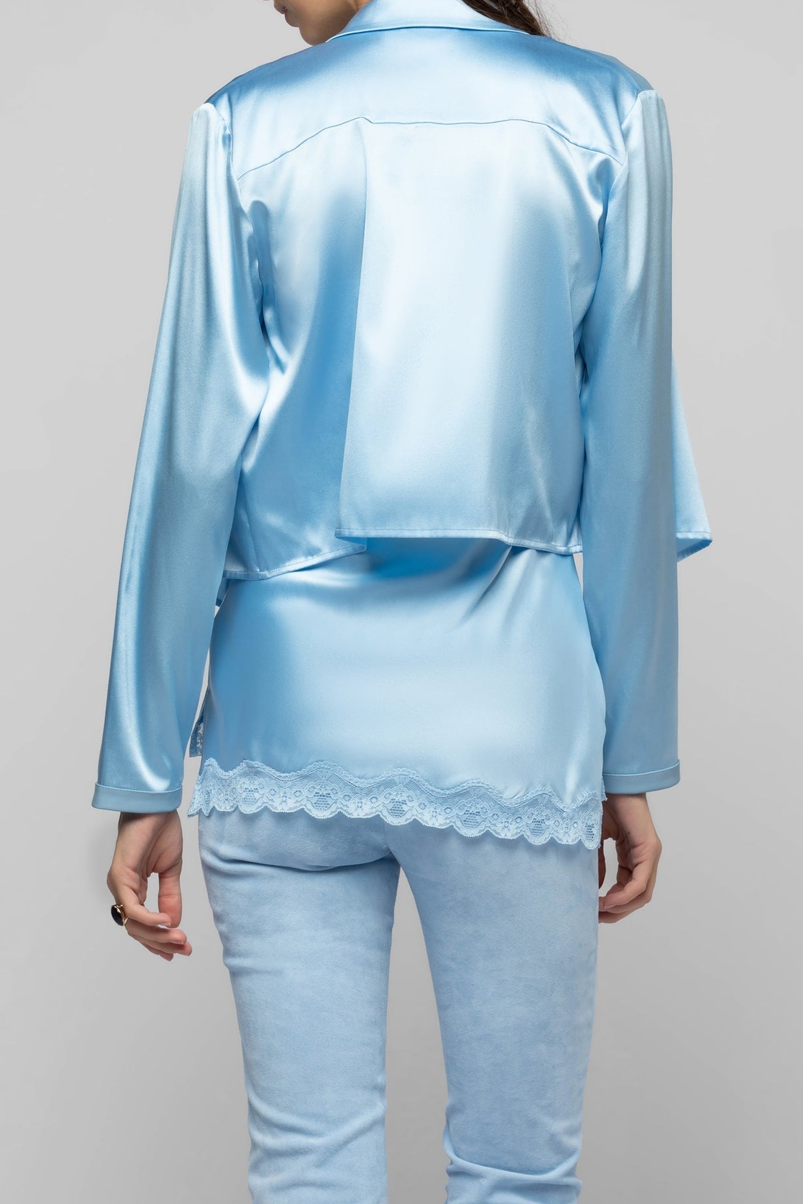 Ganouk zipped silk shirt collar jacket with stripes - Ciel