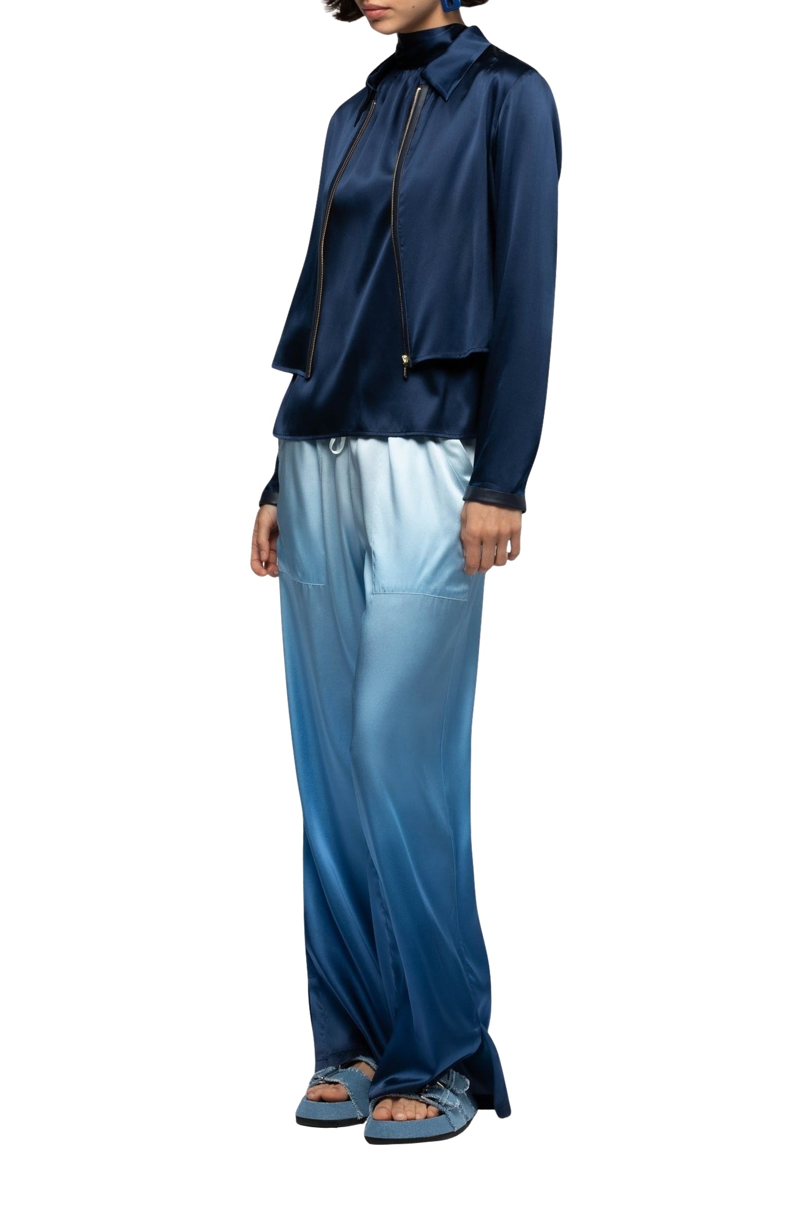 Ganouk zipped silk shirt collar jacket with stripes - Navy