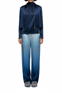 Ganouk zipped silk shirt collar jacket with stripes - Navy